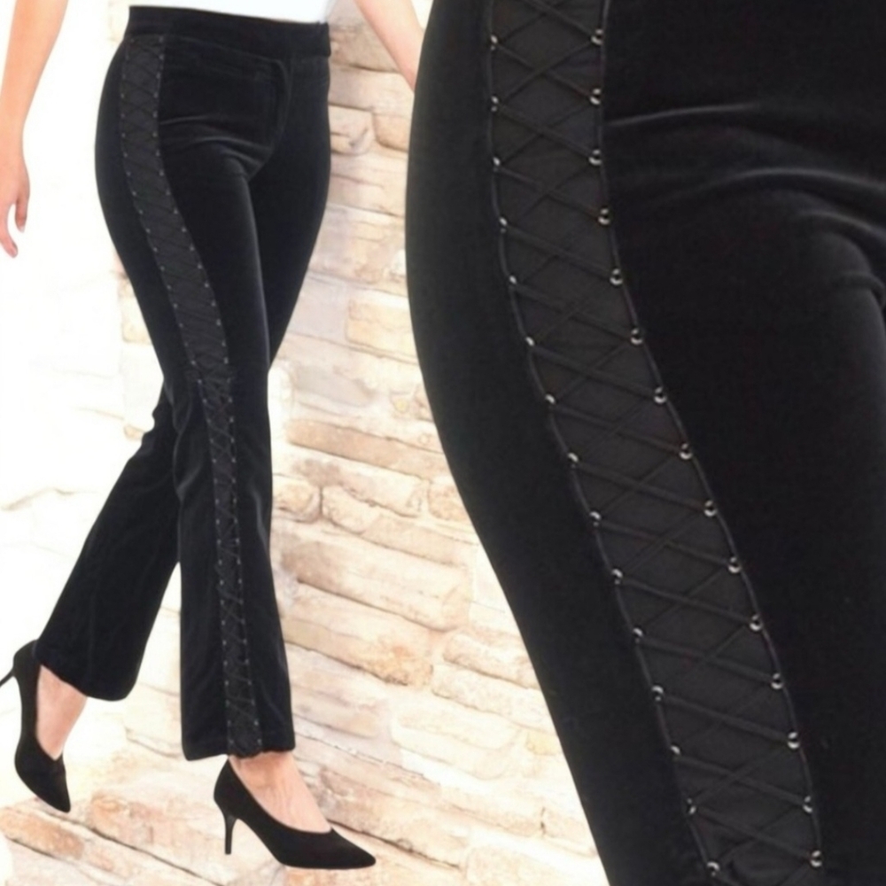 St. John Couture Vintage RARE Black Velour Velvet Silk Lined Side Lace Up Pants